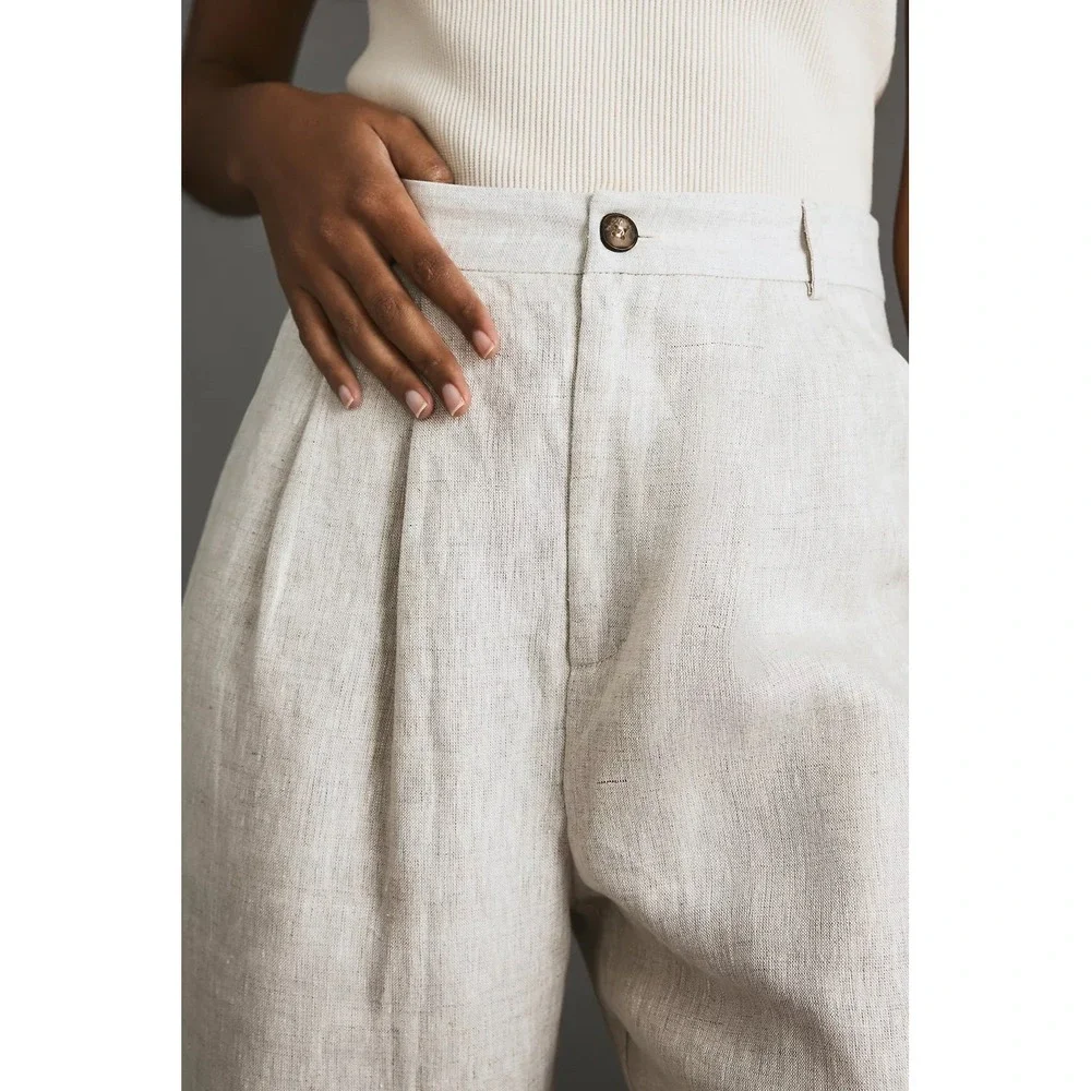Reformation Mason Linen Wide Leg Pants 6 Oatmeal High Rise Pleated 100% Linen